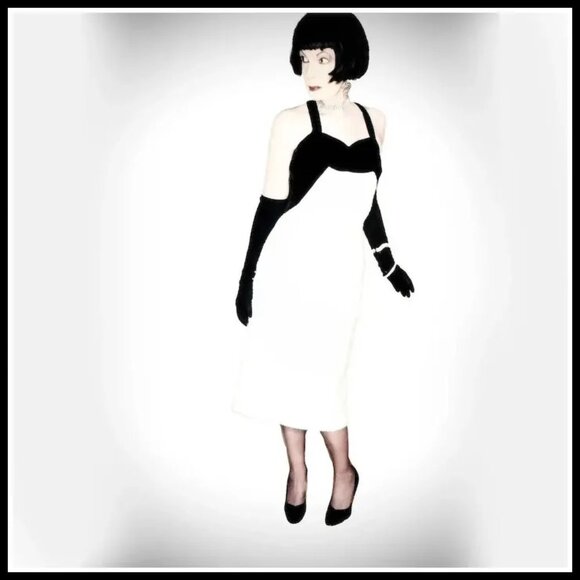 Black Velvet Cocktail Dress with White Sequins! Bombshell Formal Sheath 50s VTG - Picture 4 of 16